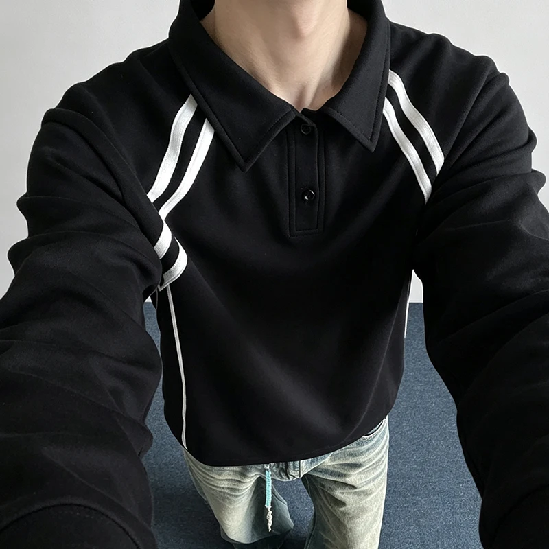 Mens Fashion Summer - เสื้อโปโลแขนยาวสำหรับผู้ชาย ดีไซน์ต่อผ้าลายทาง คอปก ทรงหลวม สไตล์สปอร์ต เหมาะสำหรับใส่ในชีวิตประจำวัน
