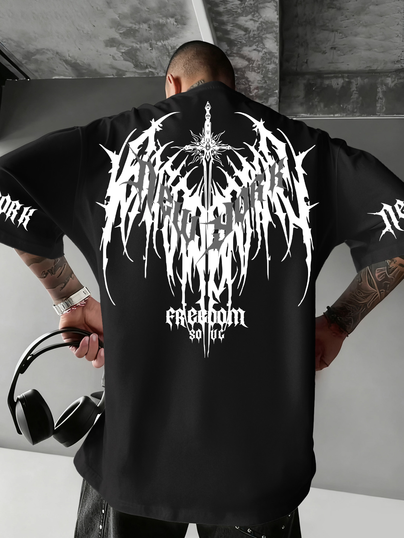 Men'S Fashion New York - เสื้อยืดแขนสั้นฮิปฮอปสำหรับผู้ชาย ลายปีกหนามและดาบ พร้อมลายพิมพ์อิสรภาพนิวยอร์ก ผลิตจากโพลีเอสเตอร์ เหมาะสำหรับงานปาร์ตี้ ขนาด