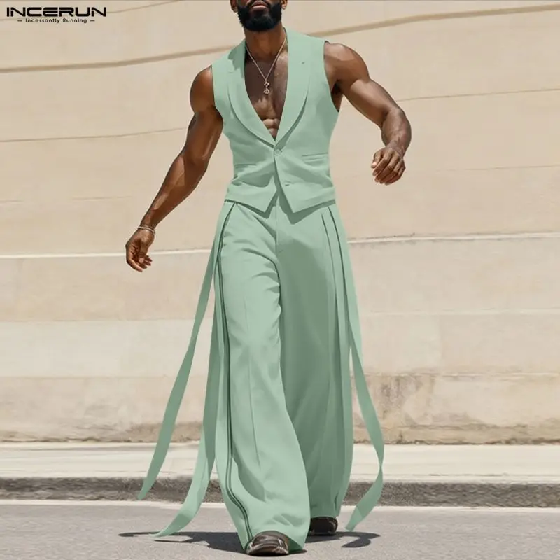 Mens Fashion Summer - INCERUN ชุดเซ็ตผู้ชาย สีพื้น คอวี เสื้อกั๊กแขนกุดและกางเกงพร้อมเข็มขัด ชุดสองชิ้น