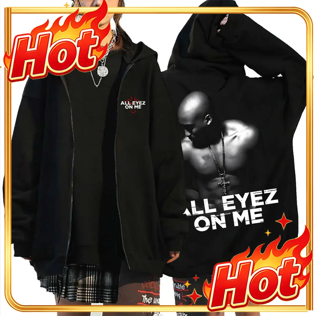 Mens Fashion Zip Up Hoodies - เสื้อฮู้ดซิปหน้าลาย All Eyez on Me ของแร็ปเปอร์