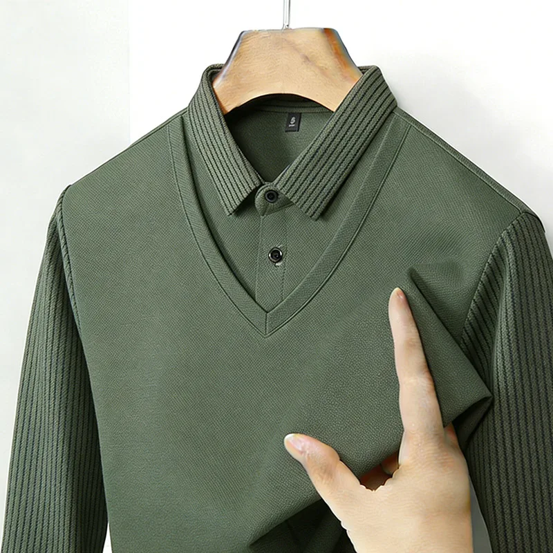 Mens Fashion Clothes - เสื้อเชิ้ตผู้ชายคอวีแขนยาวลายทางสีกากี ผ้าเนื้อนุ่ม สไตล์ลำลอง แฟชั่น ใส่ได้ทุกวัน