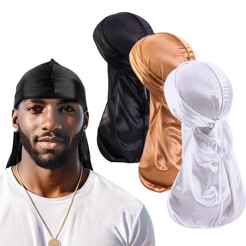 Men'S Fashion With Hat - 3 ชิ้น/ล็อตยาว Durag ผ้าไหมซาตินผ้าพันคอหมวก Turban หมวกวิกผม
