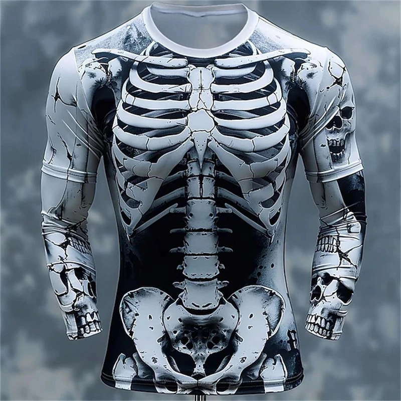 Mens Fashion Clothes - เสื้อยืดลายโครงกระดูกและกะโหลก 3D พิมพ์ลาย แขนยาว สำหรับผู้ชาย เสื้อแฟชั่นลำลอง
