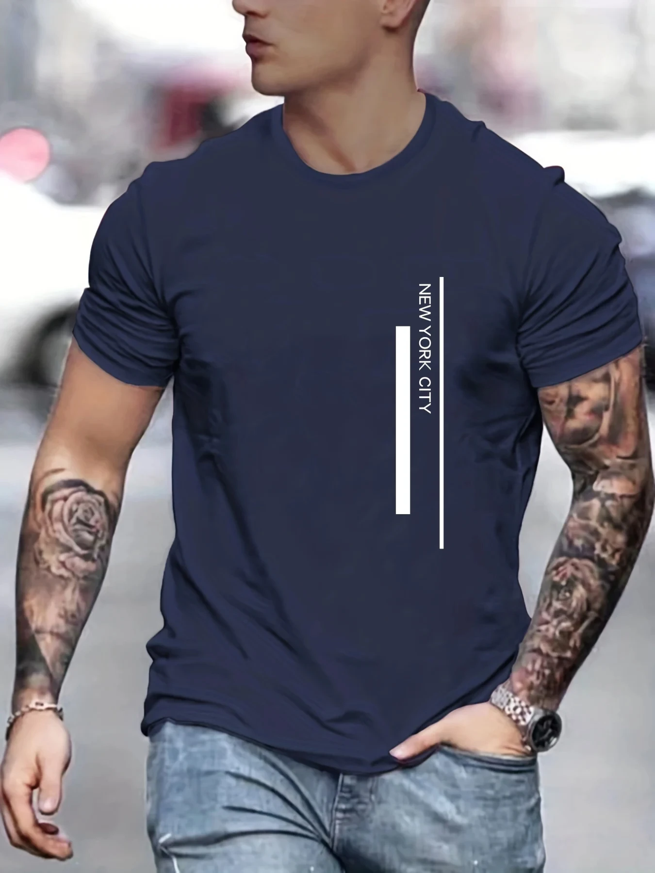 Men'S Fashion New York - แฟชั่น NEW YORK CITY เสื้อยืดพิมพ์ลายตัวอักษรคลาสสิก คอกลม