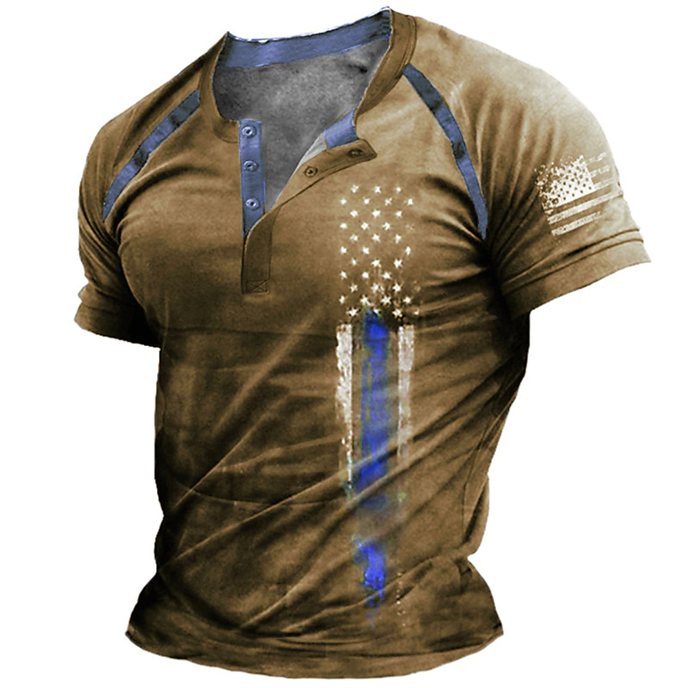 Mens Fashion Clothes - เสื้อเชิ้ตเฮนรี่พิมพ์ลายธงชาติอเมริกัน 3 มิติ สไตล์ตลกๆ สำหรับผู้ชาย แฟชั่นคอเฮนรี่