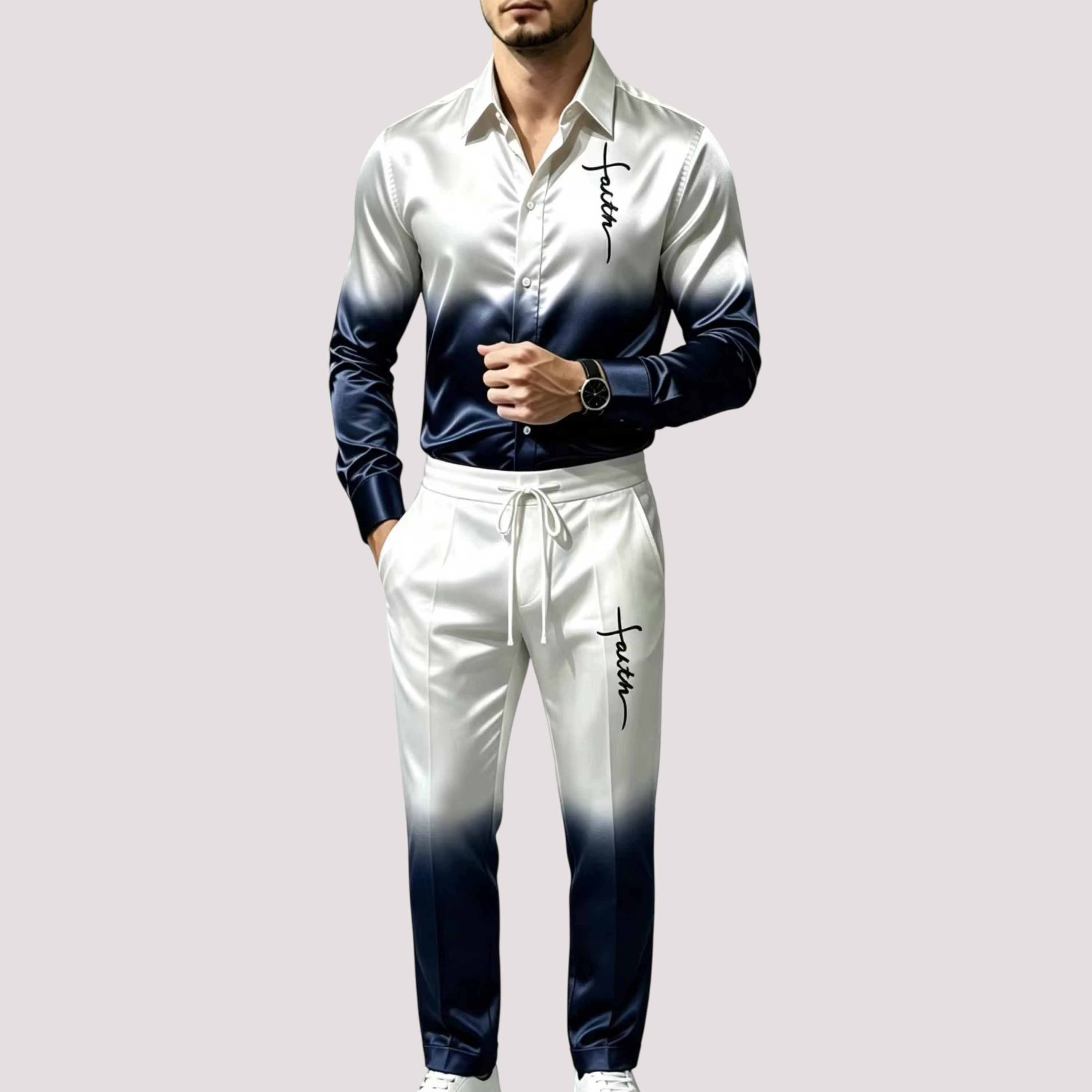 Mens Fashion Clothes - ชุดกีฬาผ้าซาตินไหมสำหรับผู้ชาย ชุดสองชิ้น เสื้อแขนยาวไล่เฉดสี พิมพ์ลายตัวอักษร แฟชั่นลำลอง สตรีทแวร์
