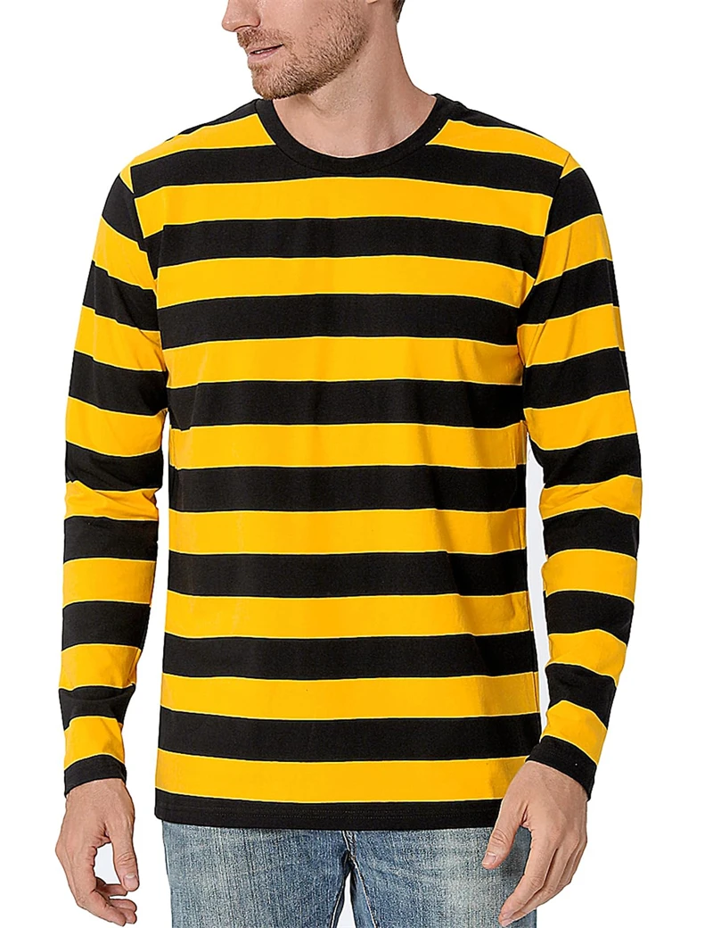 Mens Fashion Clothes - เสื้อยืดแขนยาวผู้ชาย ลายทางตัดสี พิมพ์ลาย 3 มิติ สไตล์ลำลอง