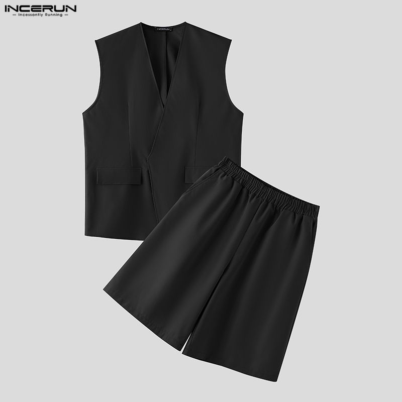 Mens Fashion Summer - INCERUN ชุดเซ็ตผู้ชาย สีพื้น คอวี เสื้อกั๊กแขนกุดและกางเกงขาสั้น ชุดสองชิ้น