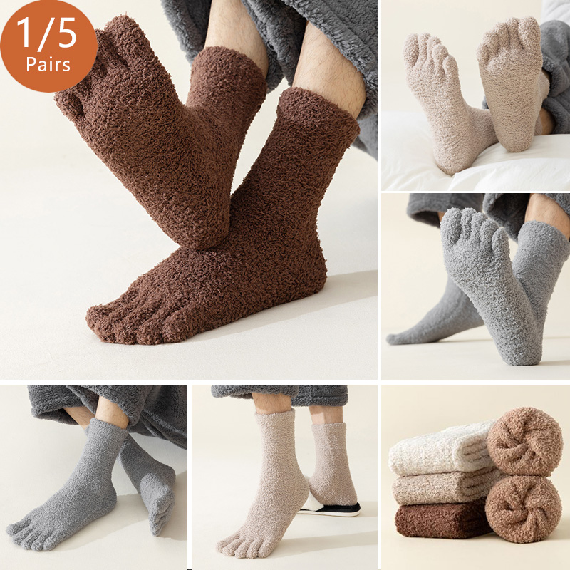 Socks Ankle Men - 1/5 คู่ Mans Thermal Toe ถุงเท้าฤดูหนาวหนาอุ่น
